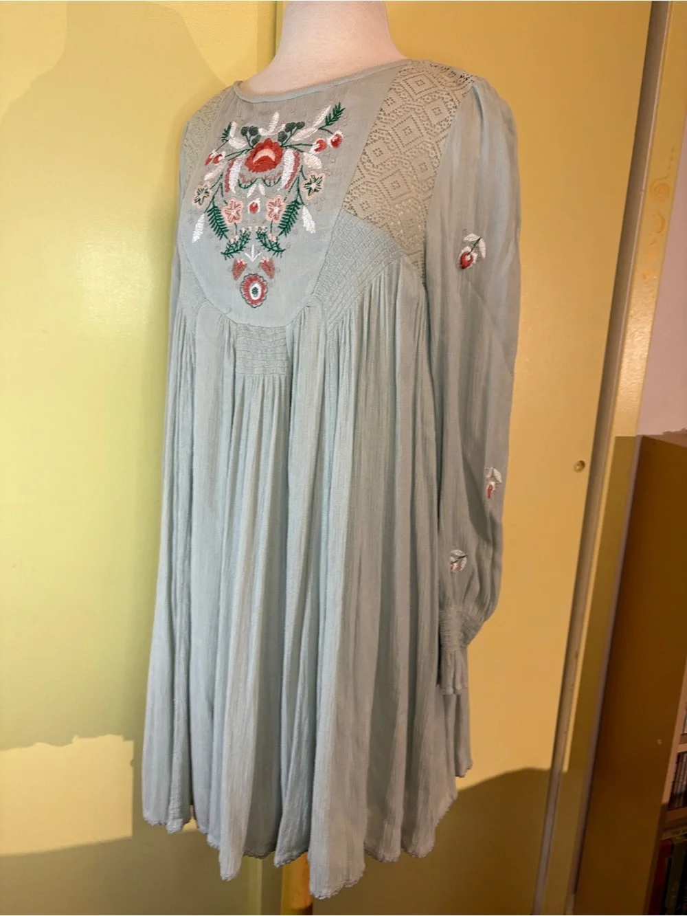 Free People Mojave Embroidered Sage Long-Sleeve Babydoll Dress. Callout